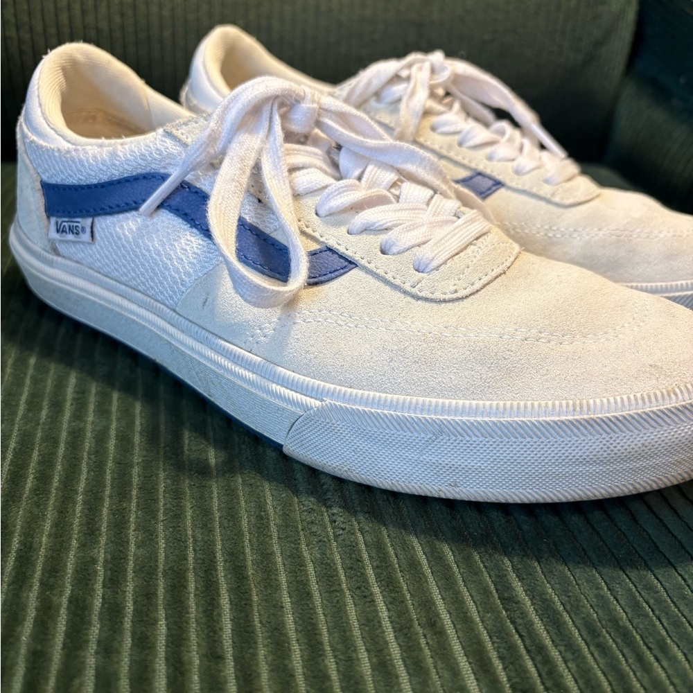Vans Men's White Suede Sneakers with Blue Side Stripe